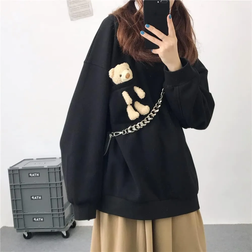 Hoodie with 3D Cute Bear Street Fashion Pullover Crewneck Oversize Top Sweater for Men and Women Teens School