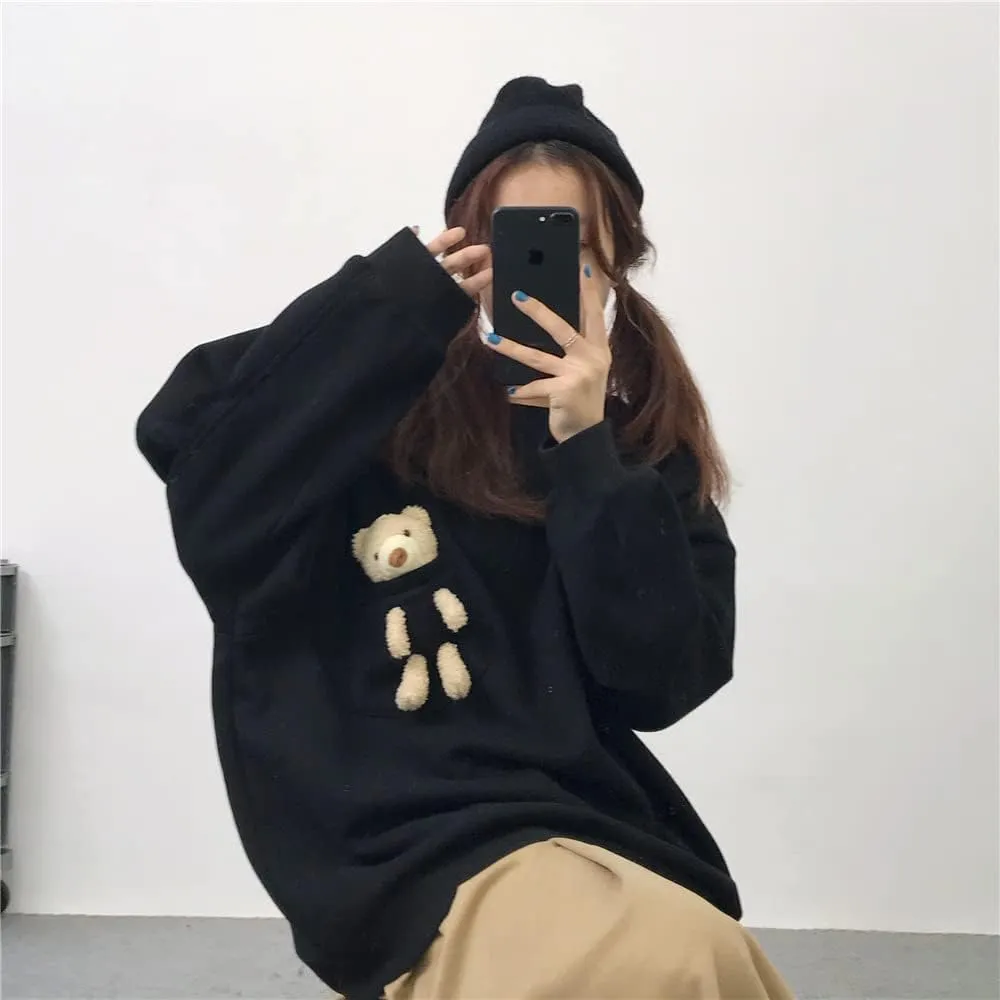 Hoodie with 3D Cute Bear Street Fashion Pullover Crewneck Oversize Top Sweater for Men and Women Teens School