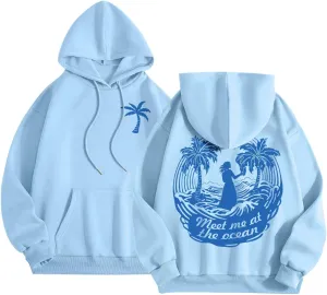 Hoodies for Women Meet Me at The Ocean Waves Oversized Pink Pom Puff Hoodie Real Graphic Cute Preppy Essentials Sweatshirts Pink Pom Puff Hoodie Deals 2024