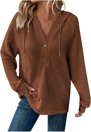 Hoodies for Women Waffle Knit Drawstring Button V Neck Long Sleeve Sweatshirt, Oversized Sweatshirt Hooded Tops