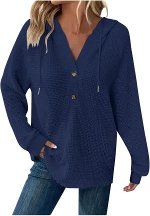 Hoodies for Women Waffle Knit Drawstring Button V Neck Long Sleeve Sweatshirt, Oversized Sweatshirt Hooded Tops