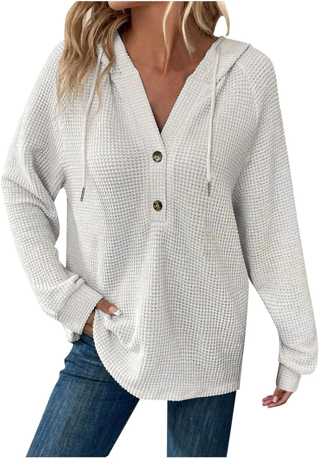Hoodies for Women Waffle Knit Drawstring Button V Neck Long Sleeve Sweatshirt, Oversized Sweatshirt Hooded Tops