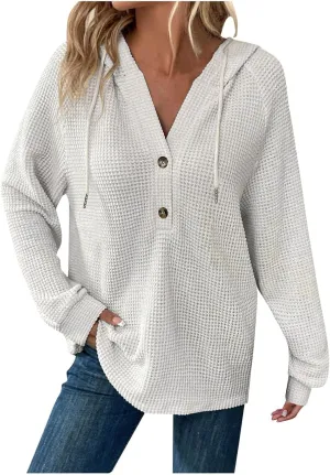 Hoodies for Women Waffle Knit Drawstring Button V Neck Long Sleeve Sweatshirt, Oversized Sweatshirt Hooded Tops