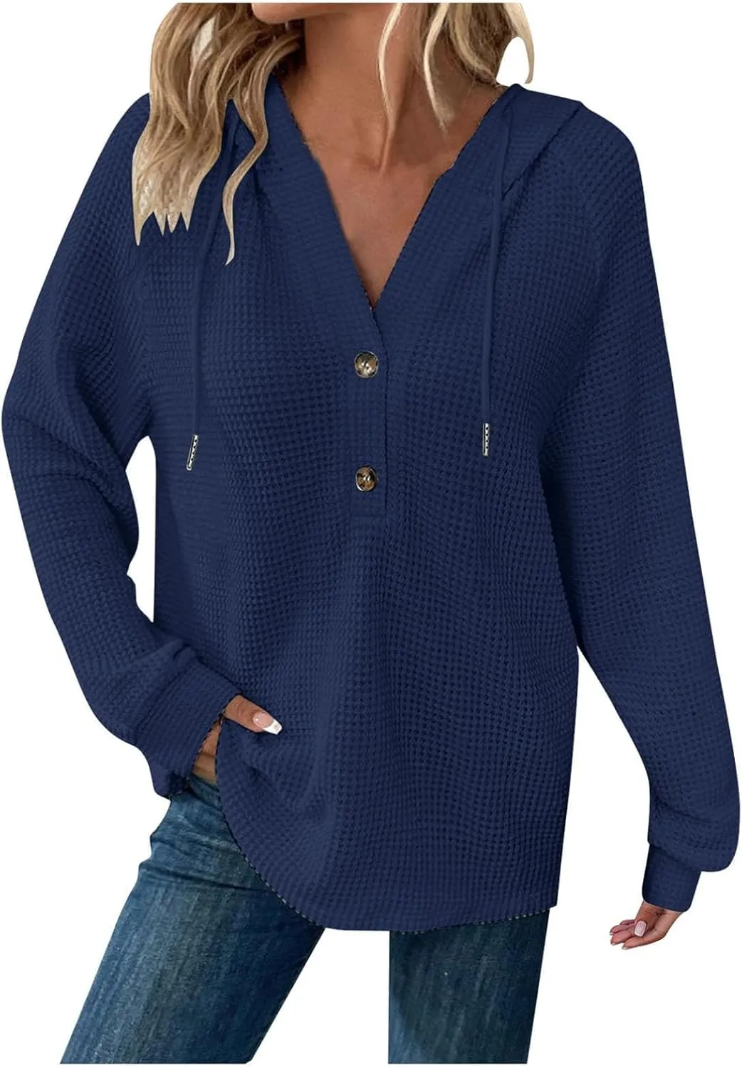 Hoodies for Women Waffle Knit Drawstring Button V Neck Long Sleeve Sweatshirt, Oversized Sweatshirt Hooded Tops