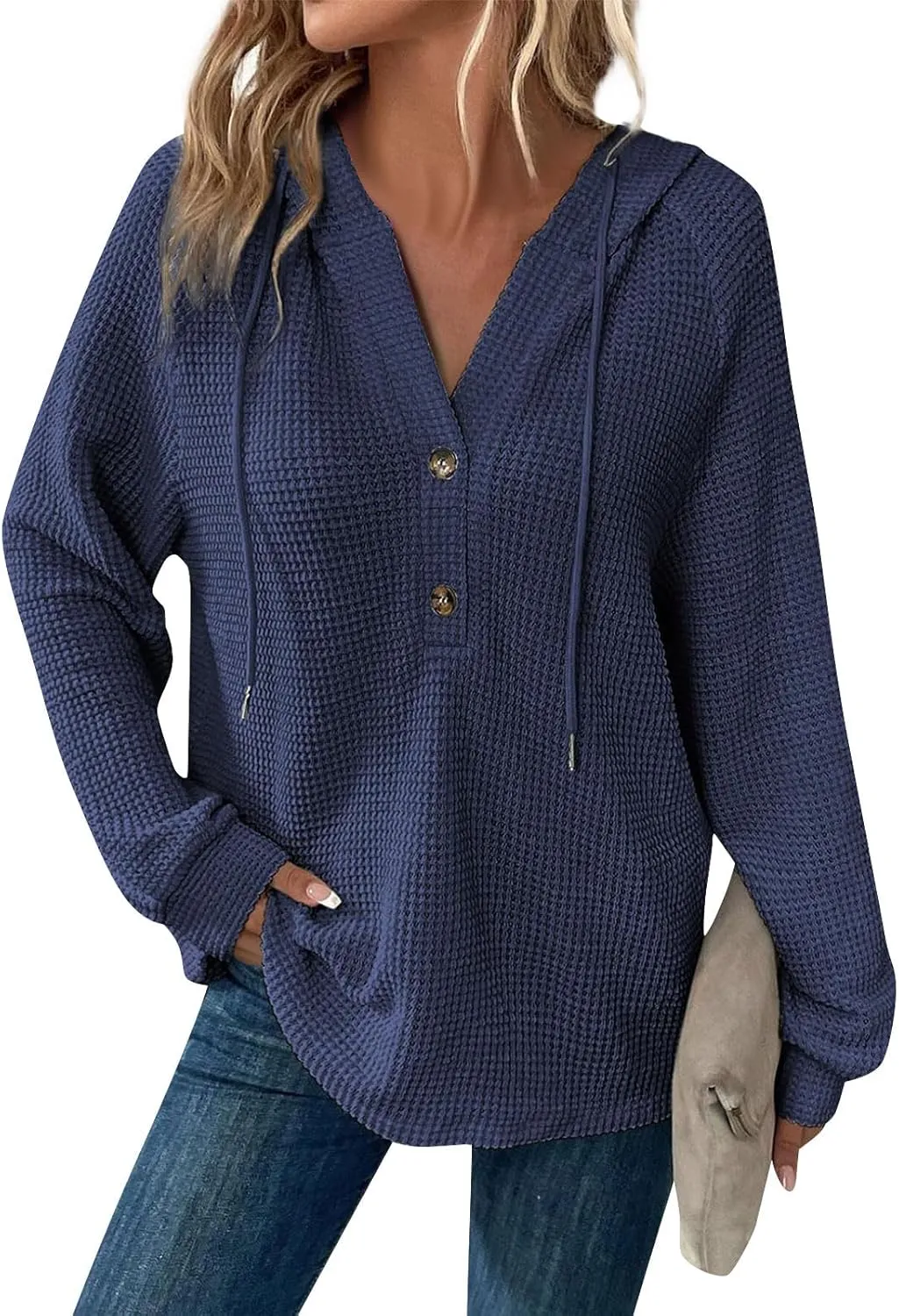 Hoodies for Women Waffle Knit Long Sleeve Drawstring Button V Neck Casual Pullover Sweatshirt Fall Hooded Tops