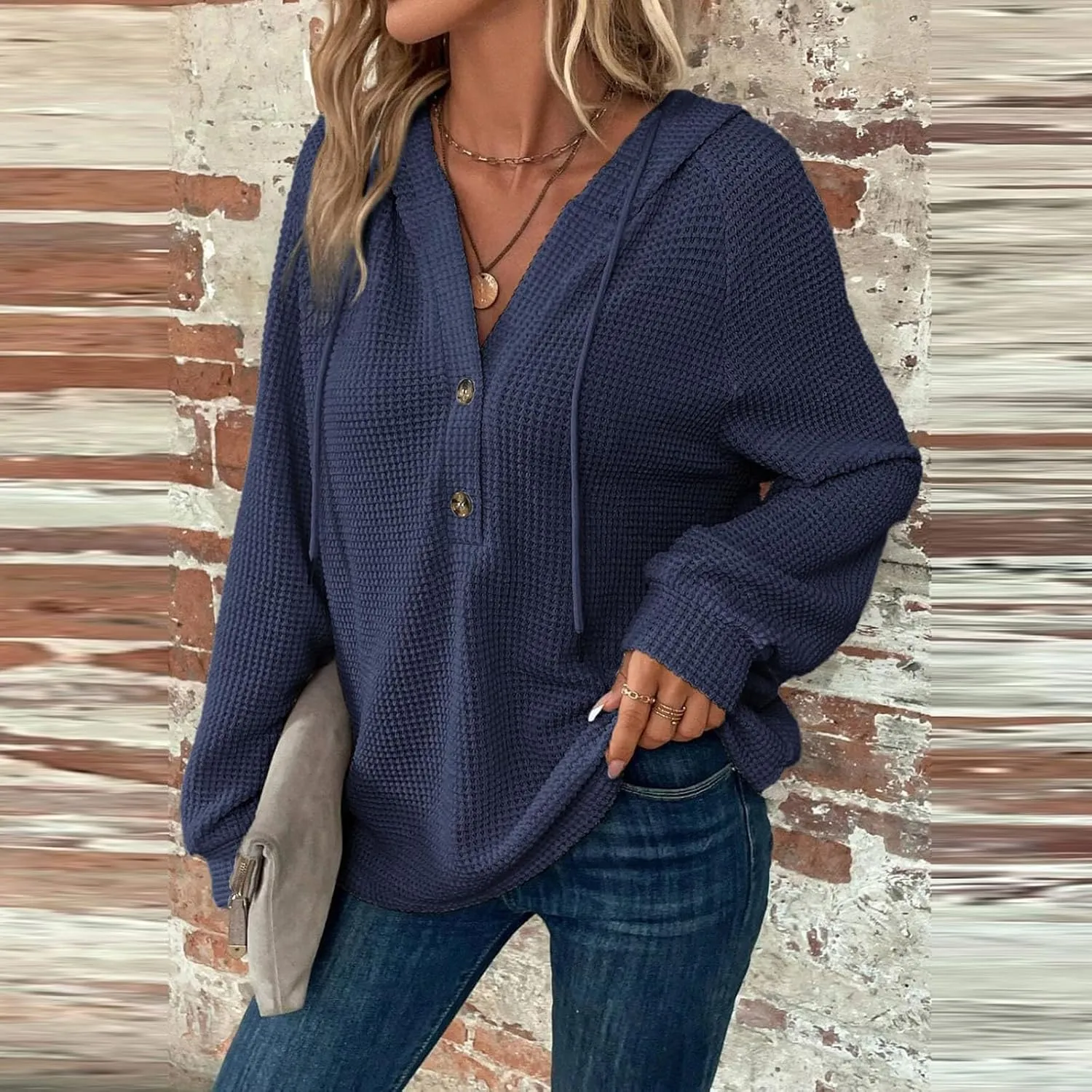 Hoodies for Women Waffle Knit Long Sleeve Drawstring Button V Neck Casual Pullover Sweatshirt Fall Hooded Tops