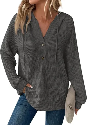 Hoodies for Women Waffle Knit Long Sleeve Drawstring Button V Neck Casual Pullover Sweatshirt Fall Hooded Tops