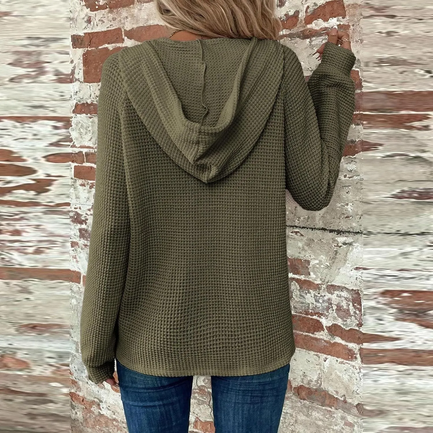 Hoodies for Women Waffle Knit Long Sleeve Drawstring Button V Neck Casual Pullover Sweatshirt Fall Hooded Tops