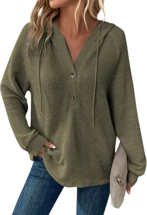 Hoodies for Women Waffle Knit Long Sleeve Drawstring Button V Neck Casual Pullover Sweatshirt Fall Hooded Tops