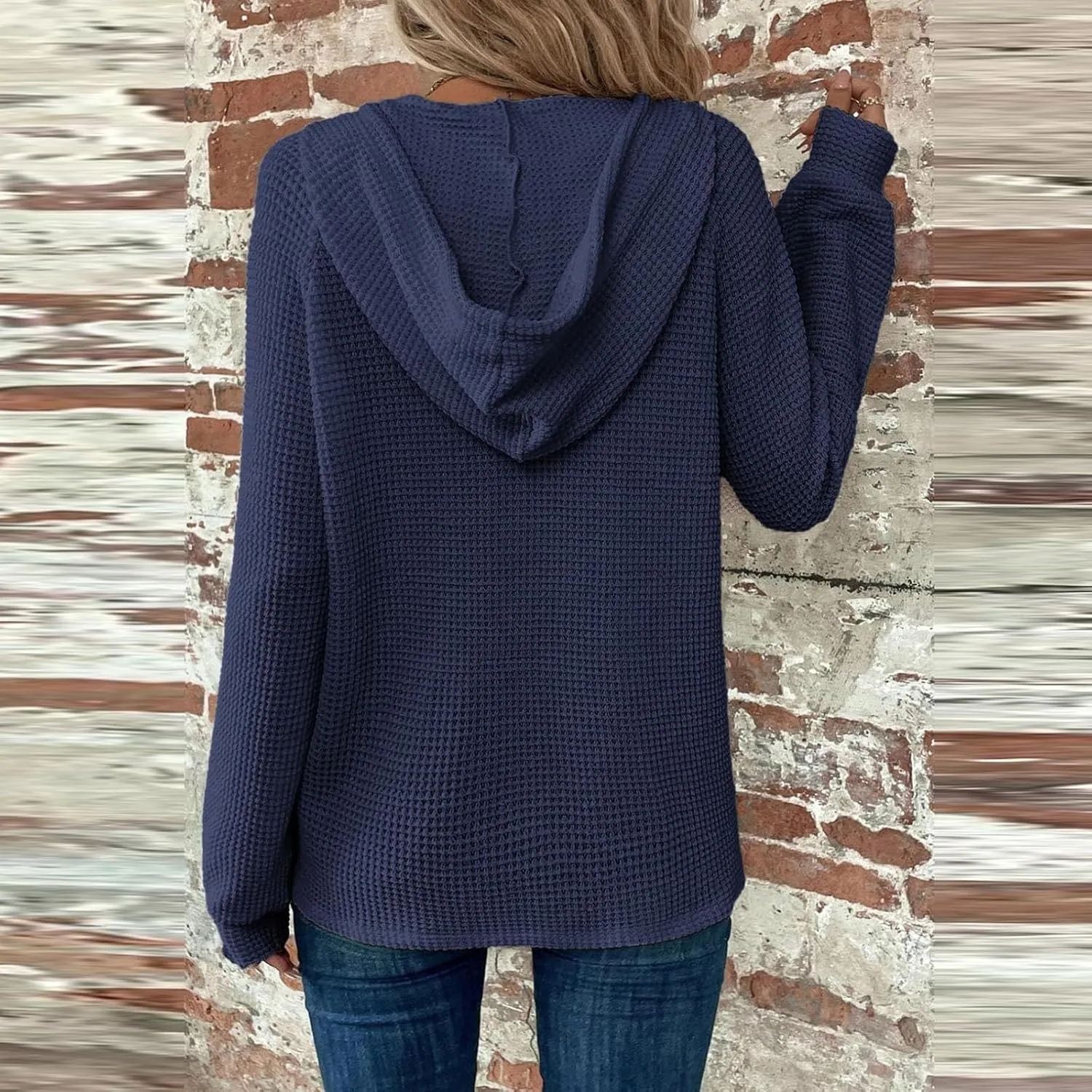 Hoodies for Women Waffle Knit Long Sleeve Drawstring Button V Neck Casual Pullover Sweatshirt Fall Hooded Tops