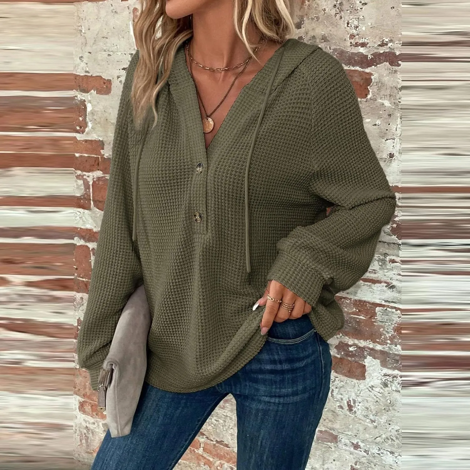 Hoodies for Women Waffle Knit Long Sleeve Drawstring Button V Neck Casual Pullover Sweatshirt Fall Hooded Tops