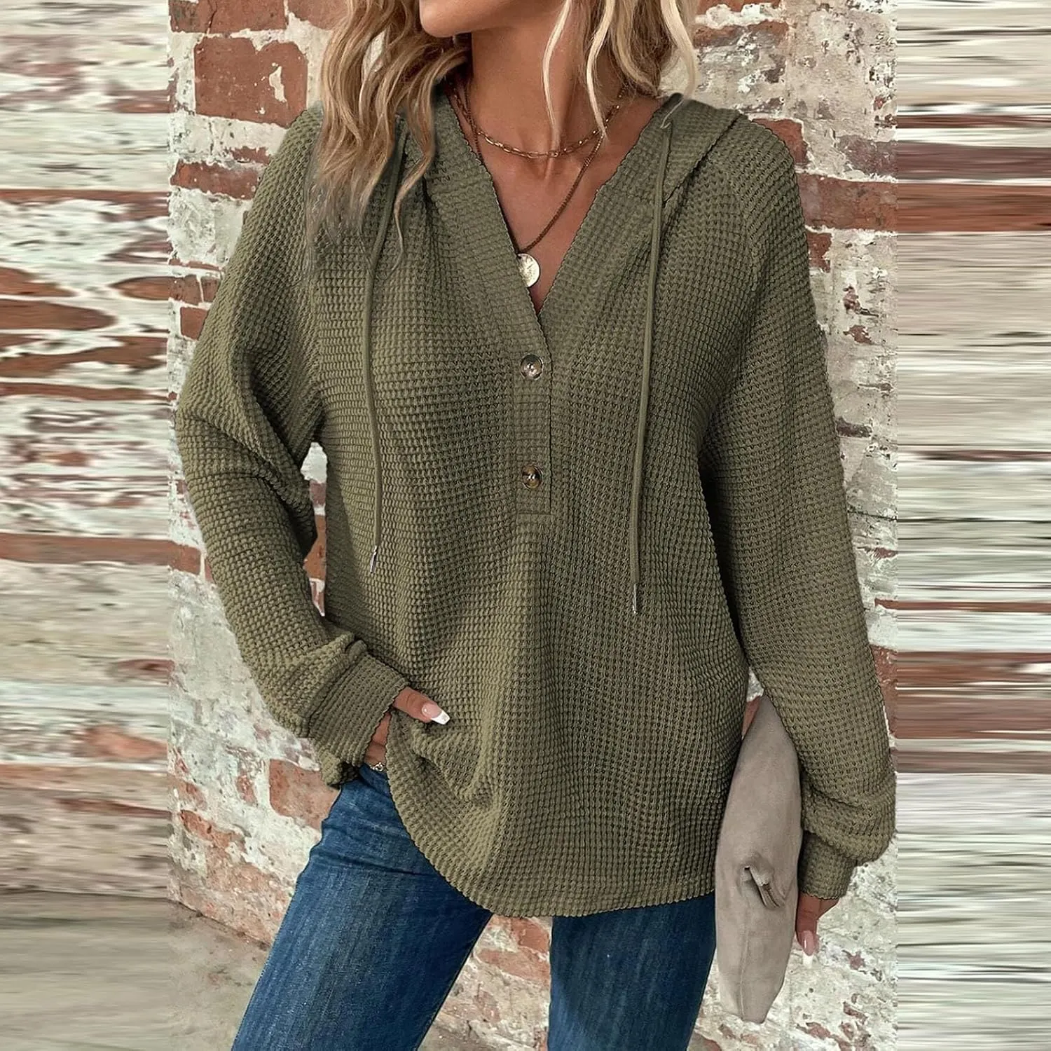 Hoodies for Women Waffle Knit Long Sleeve Drawstring Button V Neck Casual Pullover Sweatshirt Fall Hooded Tops