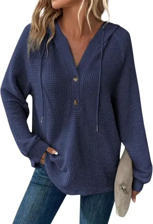 Hoodies for Women Waffle Knit Long Sleeve Drawstring Button V Neck Casual Pullover Sweatshirt Fall Hooded Tops