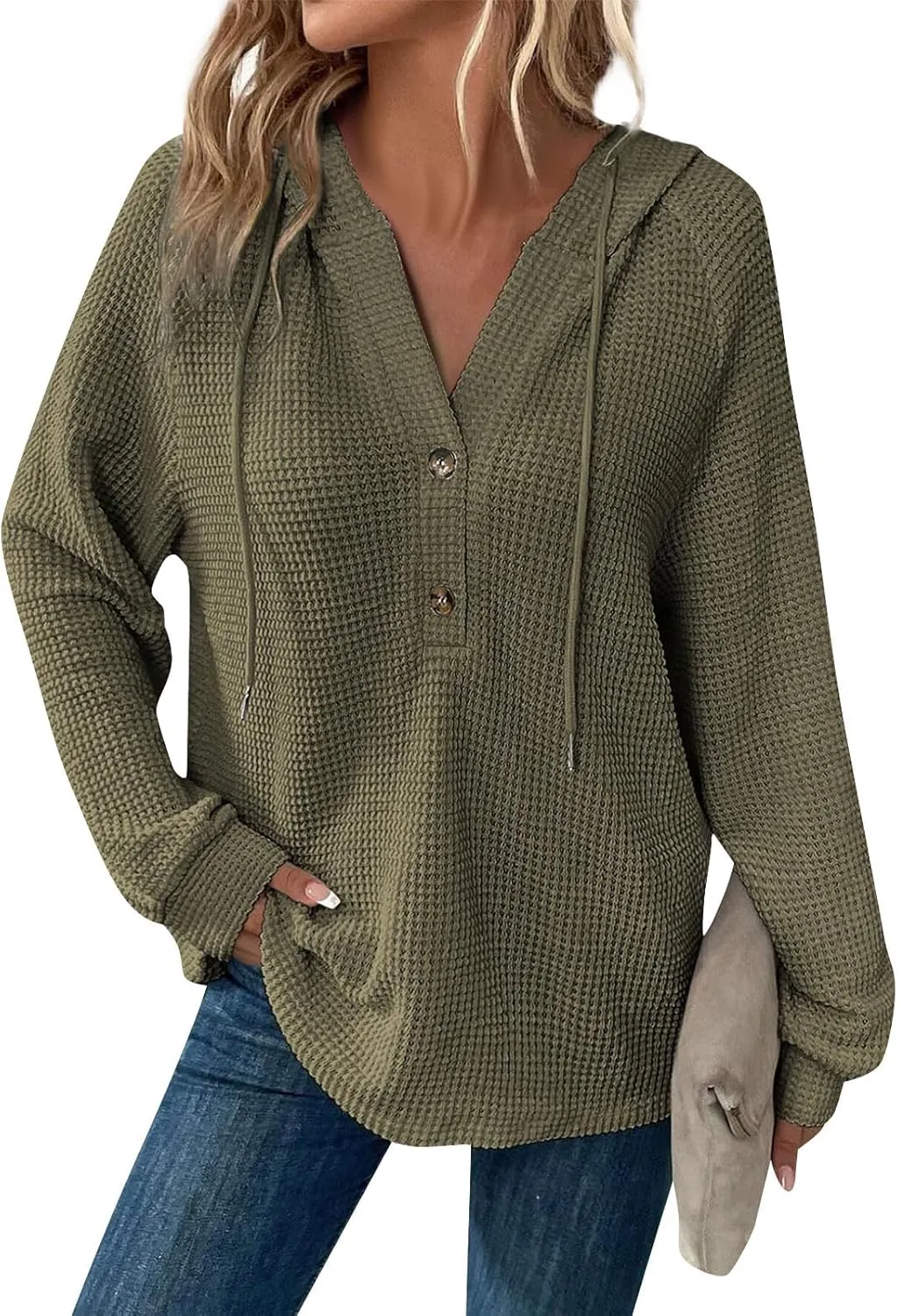 Hoodies for Women Waffle Knit Long Sleeve Drawstring Button V Neck Casual Pullover Sweatshirt Fall Hooded Tops
