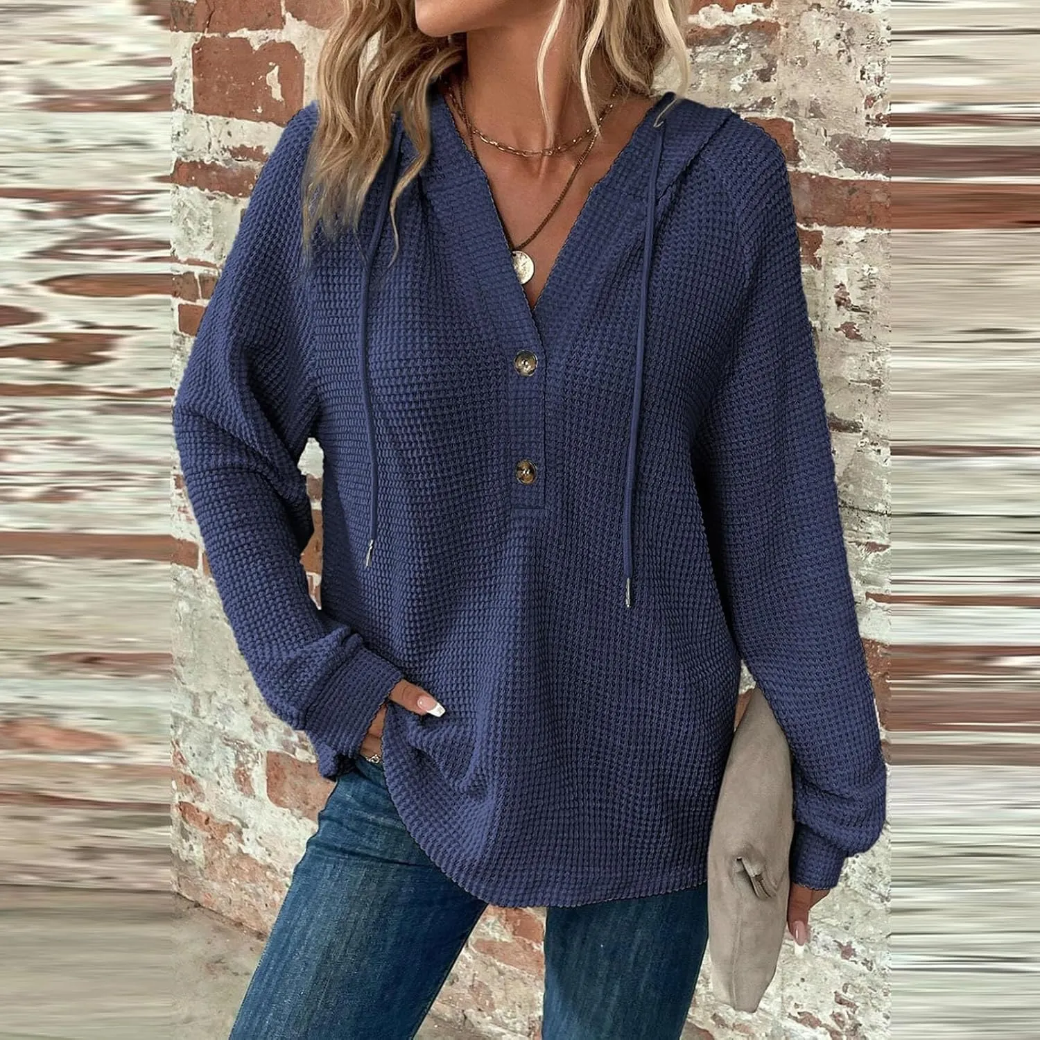 Hoodies for Women Waffle Knit Long Sleeve Drawstring Button V Neck Casual Pullover Sweatshirt Fall Hooded Tops