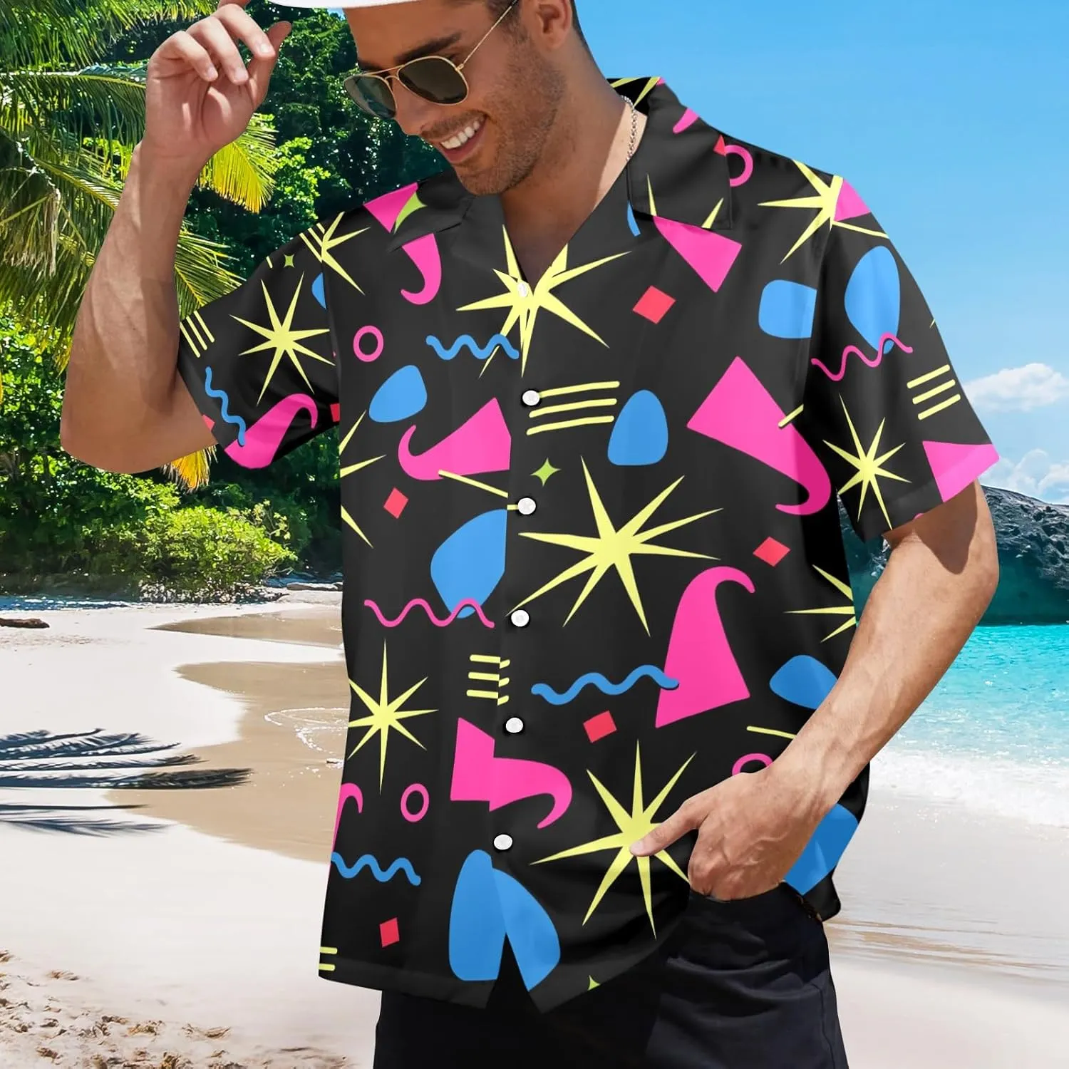 HUGLAZY 80s 90s Outfit Hawaiian Shirt for Men Big and Tall Short Sleeve Button Down Shirts Funny Party Outfit