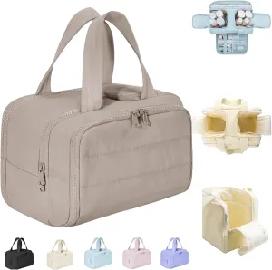 Humidity Large Capacity Wide-Open Travel Cosmetic Bag, 4-In-1 Puffy Multi-Functional Toiletry Bag, With 4 Compartments, Lightweight Waterproof, Travel Toiletry Bag (Khaki)