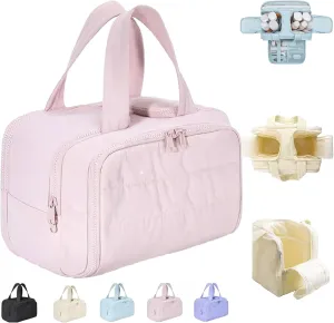 Humidity Large Capacity Wide-Open Travel Cosmetic Bag, 4-In-1 Puffy Multi-Functional Toiletry Bag, With 4 Compartments, Lightweight Waterproof, Travel Toiletry Bag (Light pink)