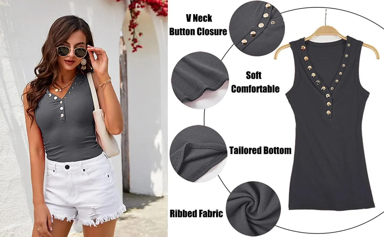 Jauoop Women's V Neck Tank Tops Summer Ribbed Sleeveless Henley Shirts Sexy Low Cut Button Down Cami Knit Tees