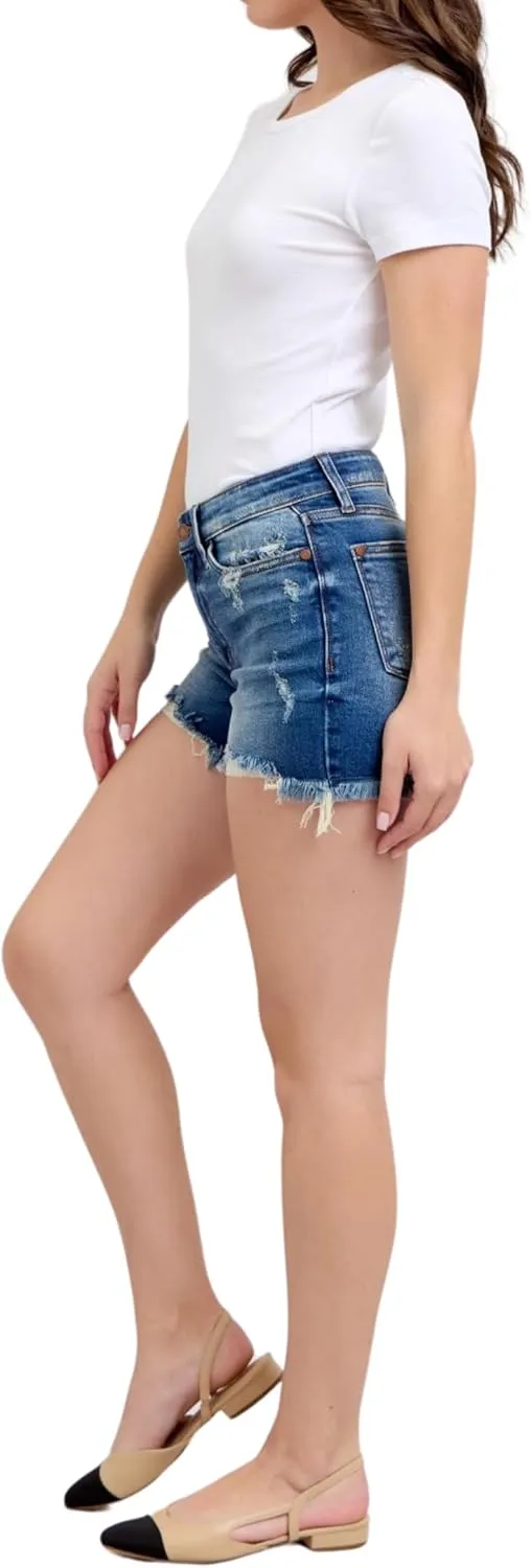Judy Blue Mid Rise 2-Button Destroyed Dad Shorts