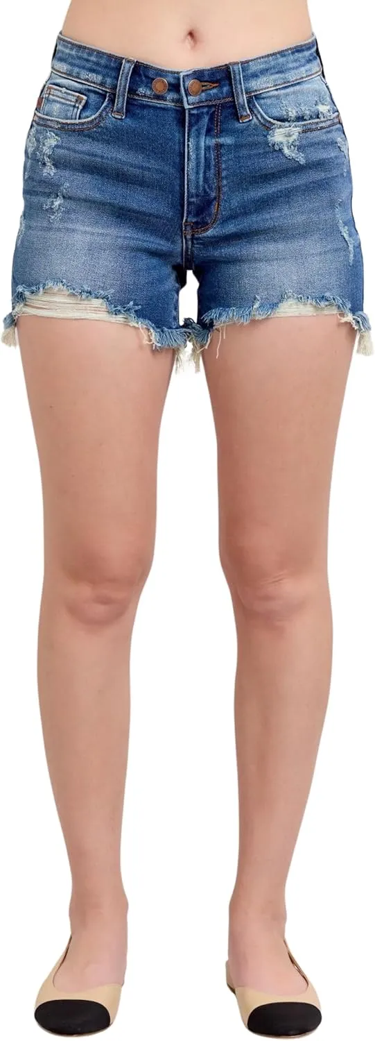 Judy Blue Mid Rise 2-Button Destroyed Dad Shorts