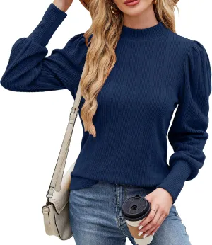 JUSTFASHIONNOW Womens Fall Tops Mock Neck Long Sleeve Shirts Puff Sleeve Sweaters Trendy 2024 Ribbed Knit Pullover Sweater