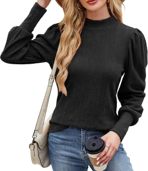 JUSTFASHIONNOW Womens Fall Tops Mock Neck Long Sleeve Shirts Puff Sleeve Sweaters Trendy 2024 Ribbed Knit Pullover Sweater