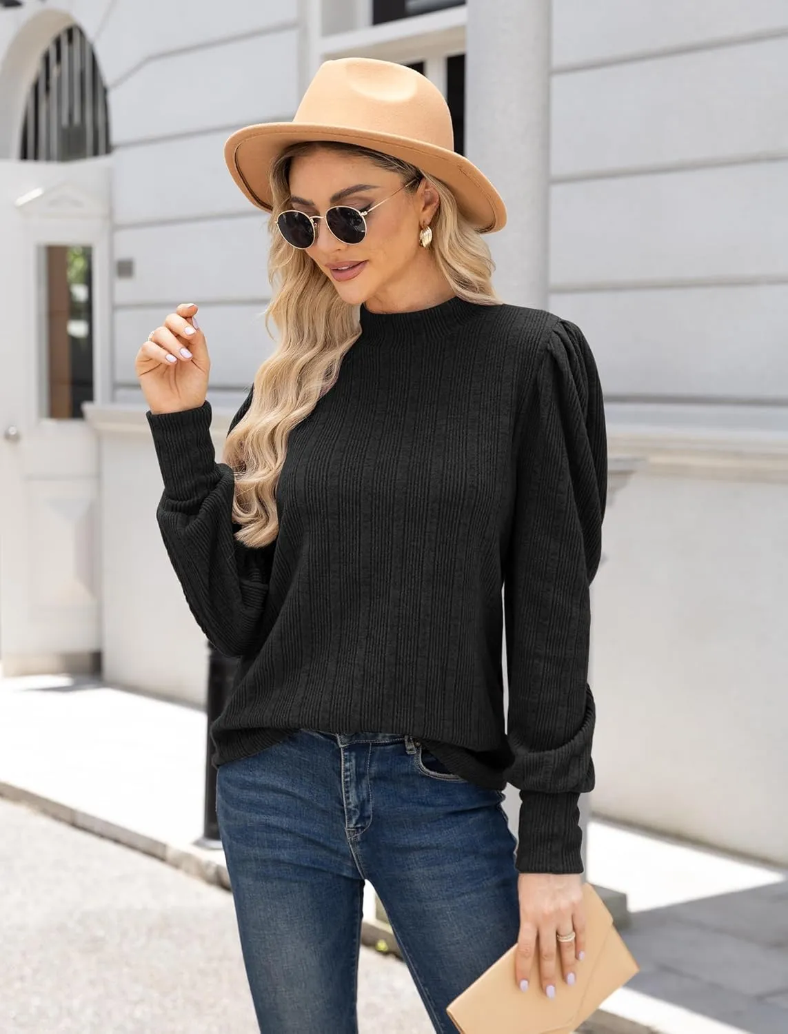 JUSTFASHIONNOW Womens Fall Tops Mock Neck Long Sleeve Shirts Puff Sleeve Sweaters Trendy 2024 Ribbed Knit Pullover Sweater