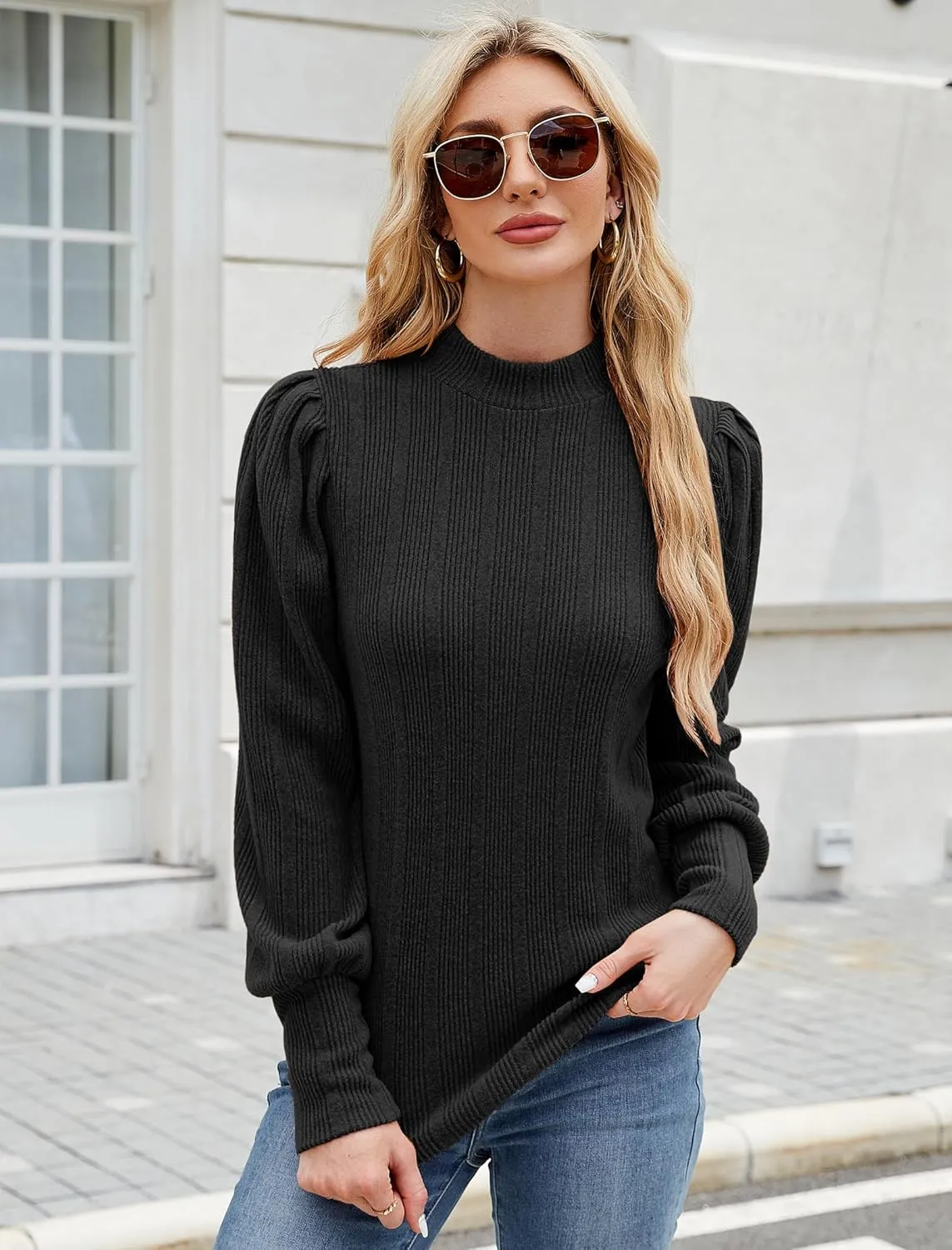 JUSTFASHIONNOW Womens Fall Tops Mock Neck Long Sleeve Shirts Puff Sleeve Sweaters Trendy 2024 Ribbed Knit Pullover Sweater