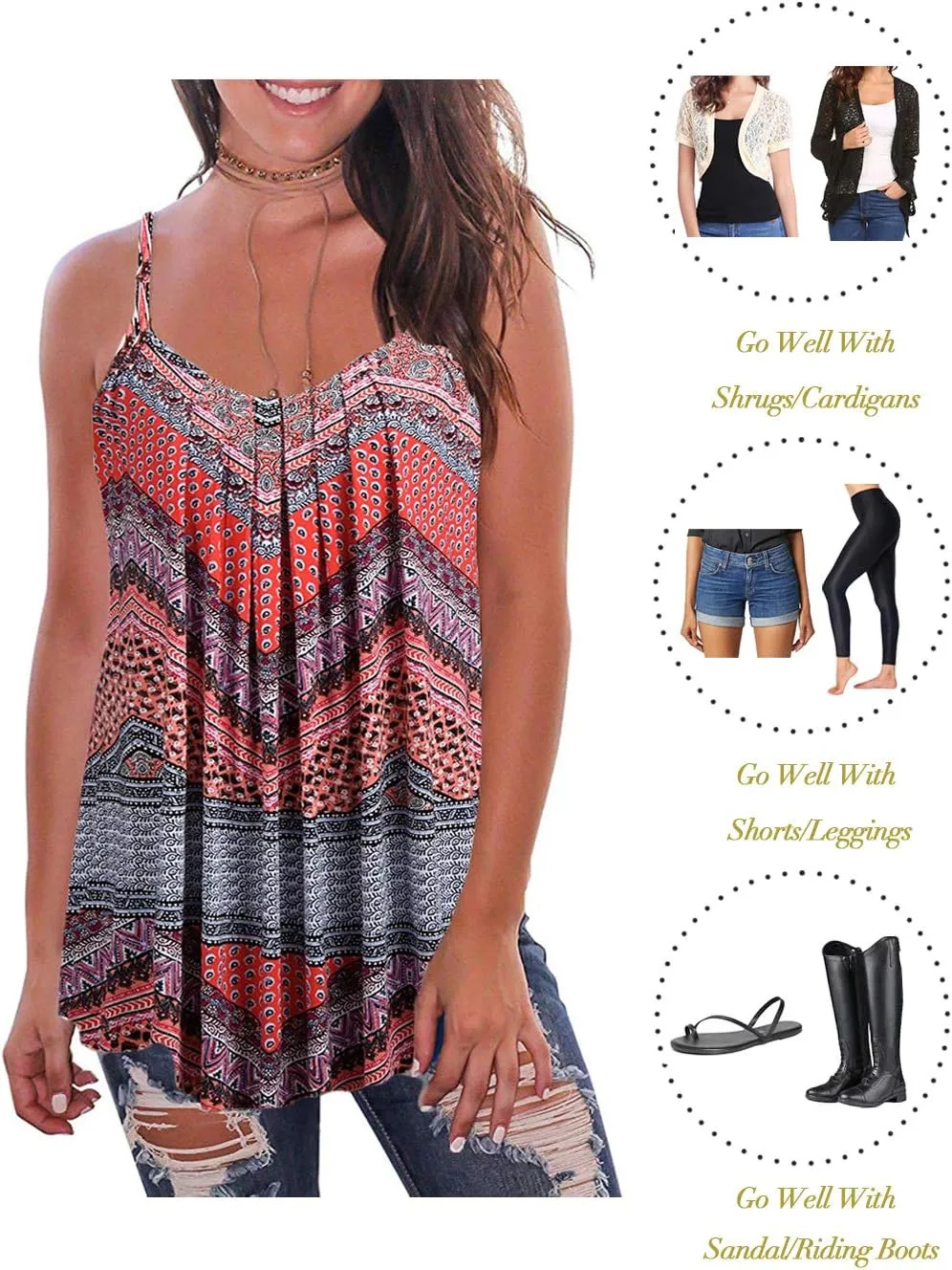 Kaei&Shi Print Long Vest,Flowy Tank Top for Women,Loose Cami,Pleated Dressy Swing Spaghetti Strap Camisole