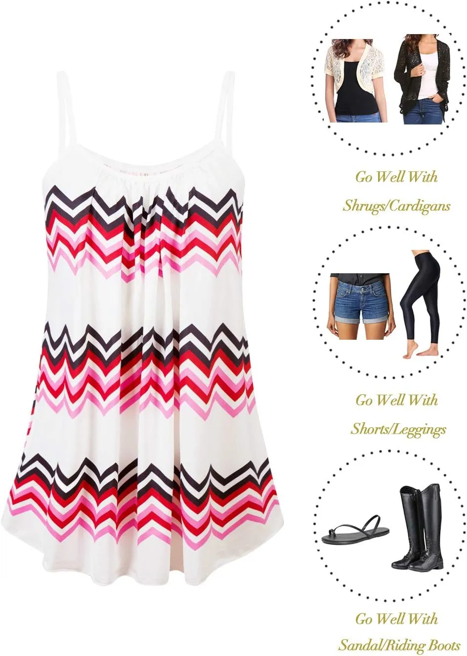 Kaei&Shi Print Long Vest,Flowy Tank Top for Women,Loose Cami,Pleated Dressy Swing Spaghetti Strap Camisole