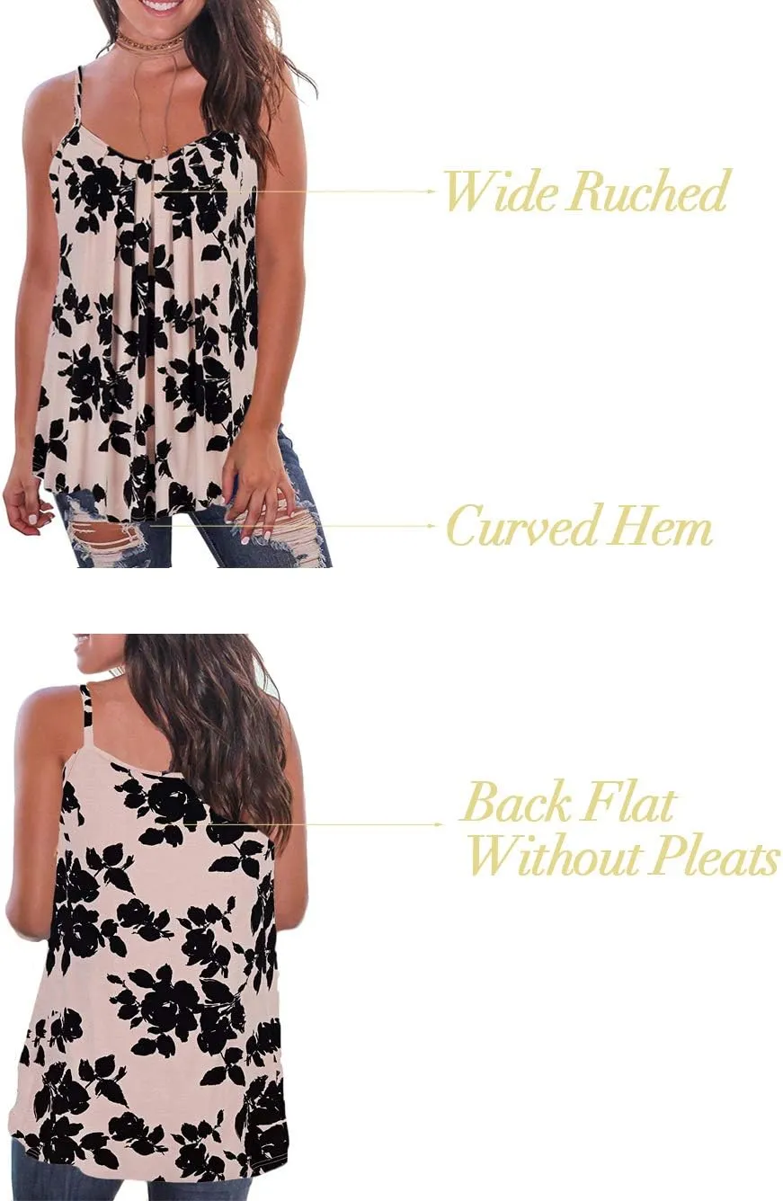 Kaei&Shi Print Long Vest,Flowy Tank Top for Women,Loose Cami,Pleated Dressy Swing Spaghetti Strap Camisole