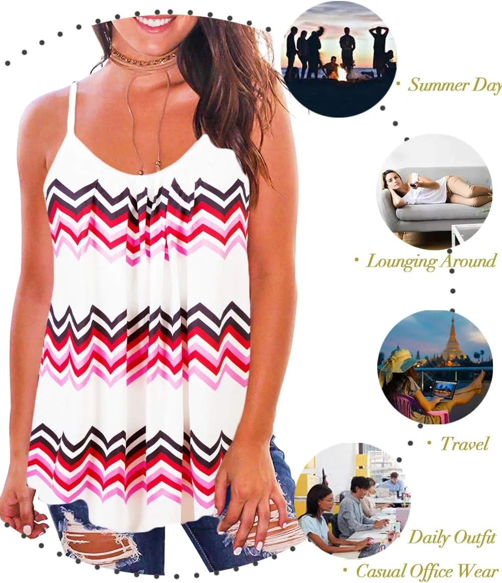Kaei&Shi Print Long Vest,Flowy Tank Top for Women,Loose Cami,Pleated Dressy Swing Spaghetti Strap Camisole