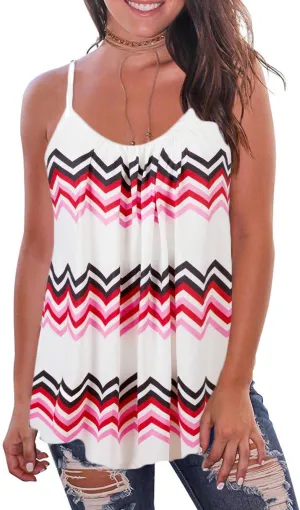 Kaei&Shi Print Long Vest,Flowy Tank Top for Women,Loose Cami,Pleated Dressy Swing Spaghetti Strap Camisole