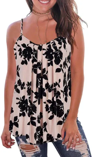 Kaei&Shi Print Long Vest,Flowy Tank Top for Women,Loose Cami,Pleated Dressy Swing Spaghetti Strap Camisole