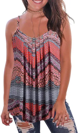 Kaei&Shi Print Long Vest,Flowy Tank Top for Women,Loose Cami,Pleated Dressy Swing Spaghetti Strap Camisole