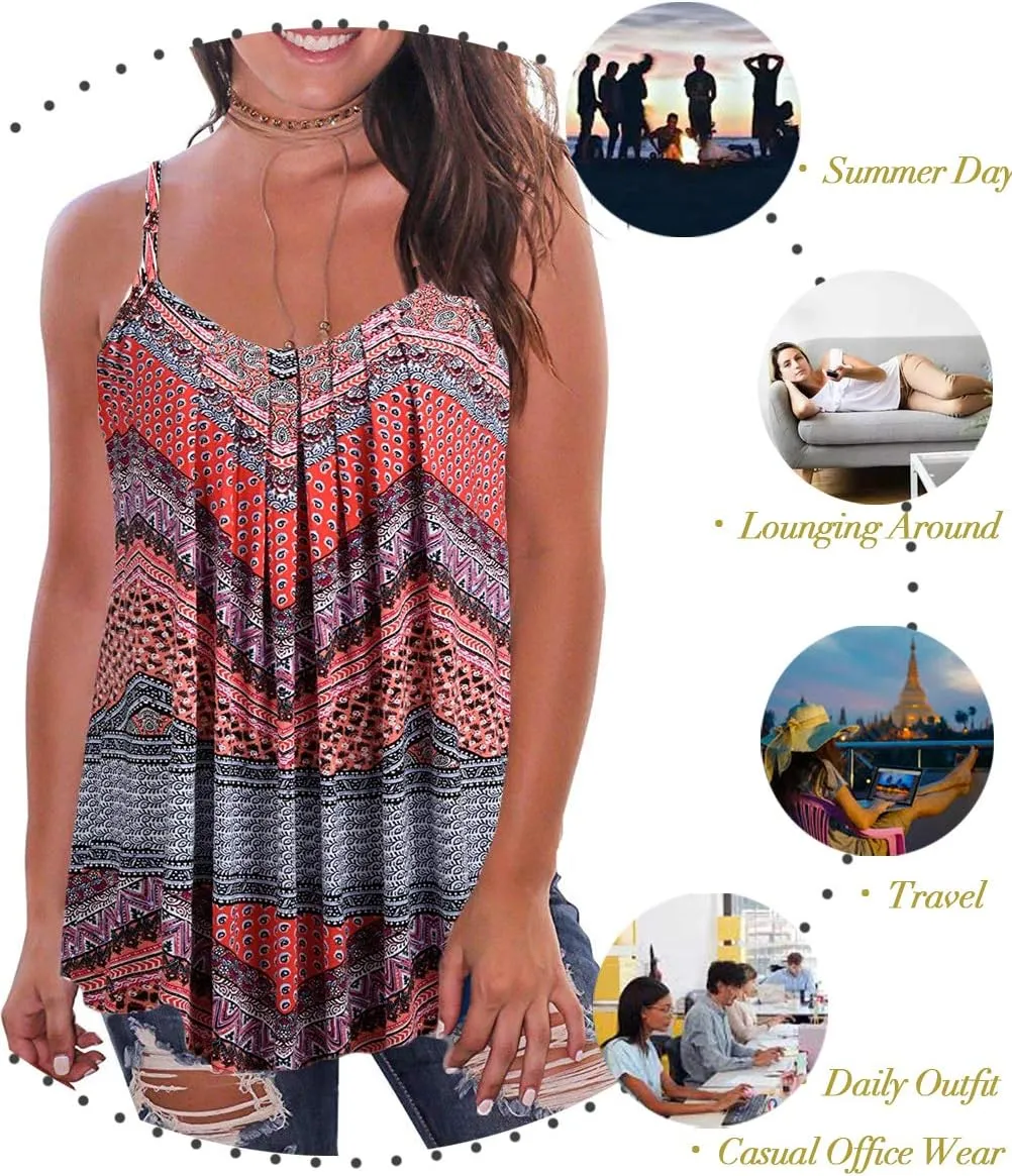Kaei&Shi Print Long Vest,Flowy Tank Top for Women,Loose Cami,Pleated Dressy Swing Spaghetti Strap Camisole