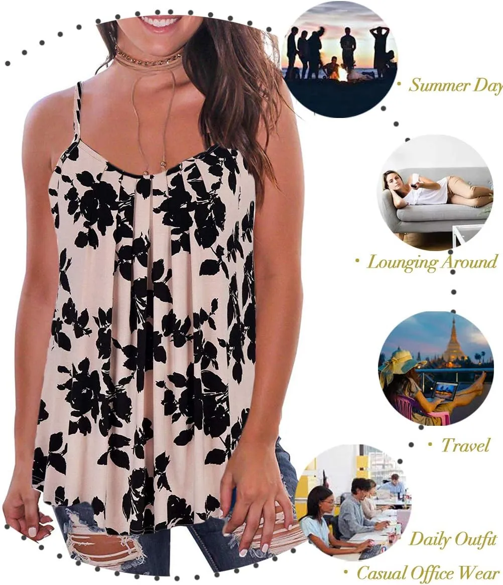 Kaei&Shi Print Long Vest,Flowy Tank Top for Women,Loose Cami,Pleated Dressy Swing Spaghetti Strap Camisole