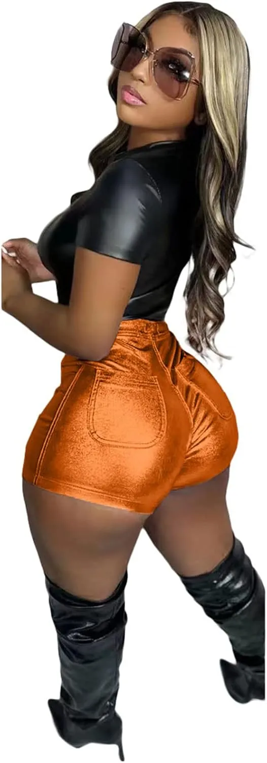 KANSOON Women's Metallic Faux Leather Shorts High Waist Shiny Sexy Rave Short Hot Pants