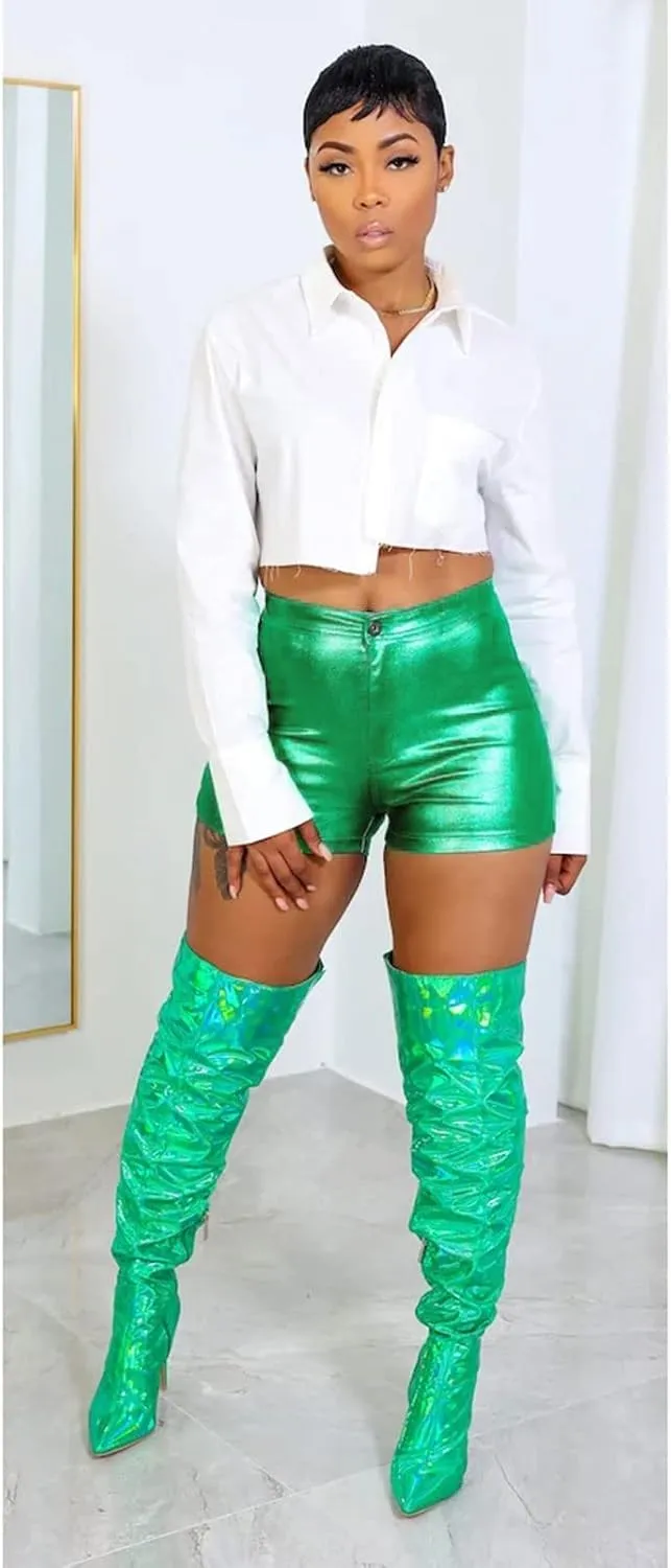 KANSOON Women's Metallic Faux Leather Shorts High Waist Shiny Sexy Rave Short Hot Pants