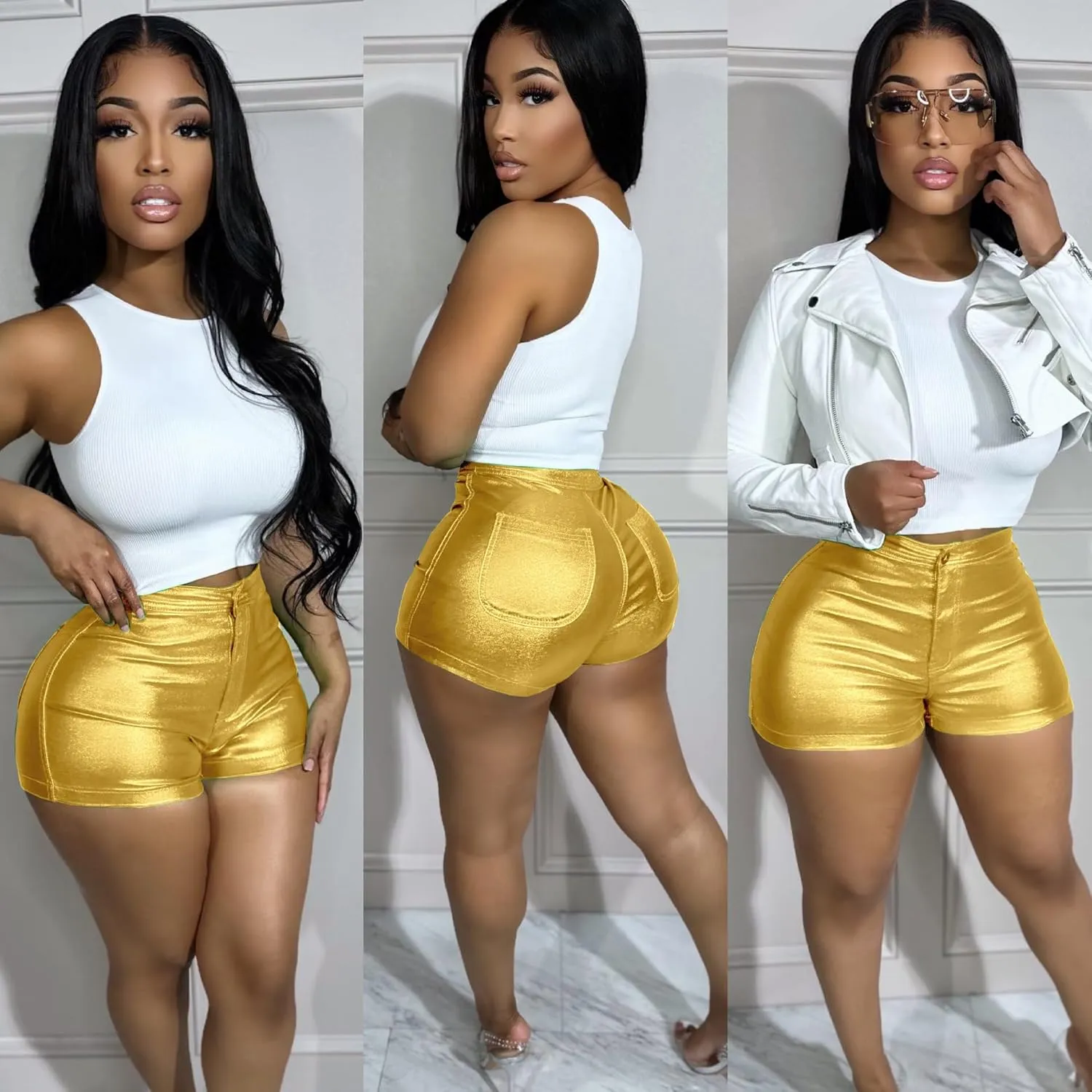 KANSOON Women's Metallic Faux Leather Shorts High Waist Shiny Sexy Rave Short Hot Pants
