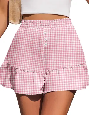 Kistore Womens Shorts Summer Casual Ruffle Y2K Trendy Button High Waisted Skorts Mini Comfy Plaid Short XS-XL