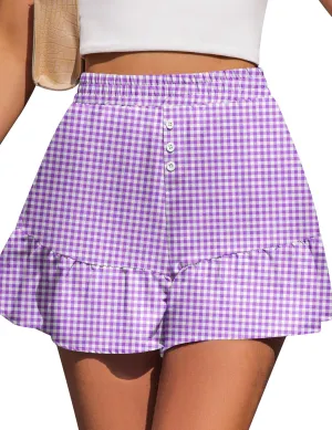 Kistore Womens Shorts Summer Casual Ruffle Y2K Trendy Button High Waisted Skorts Mini Comfy Plaid Short XS-XL