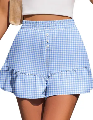 Kistore Womens Shorts Summer Casual Ruffle Y2K Trendy Button High Waisted Skorts Mini Comfy Plaid Short XS-XL