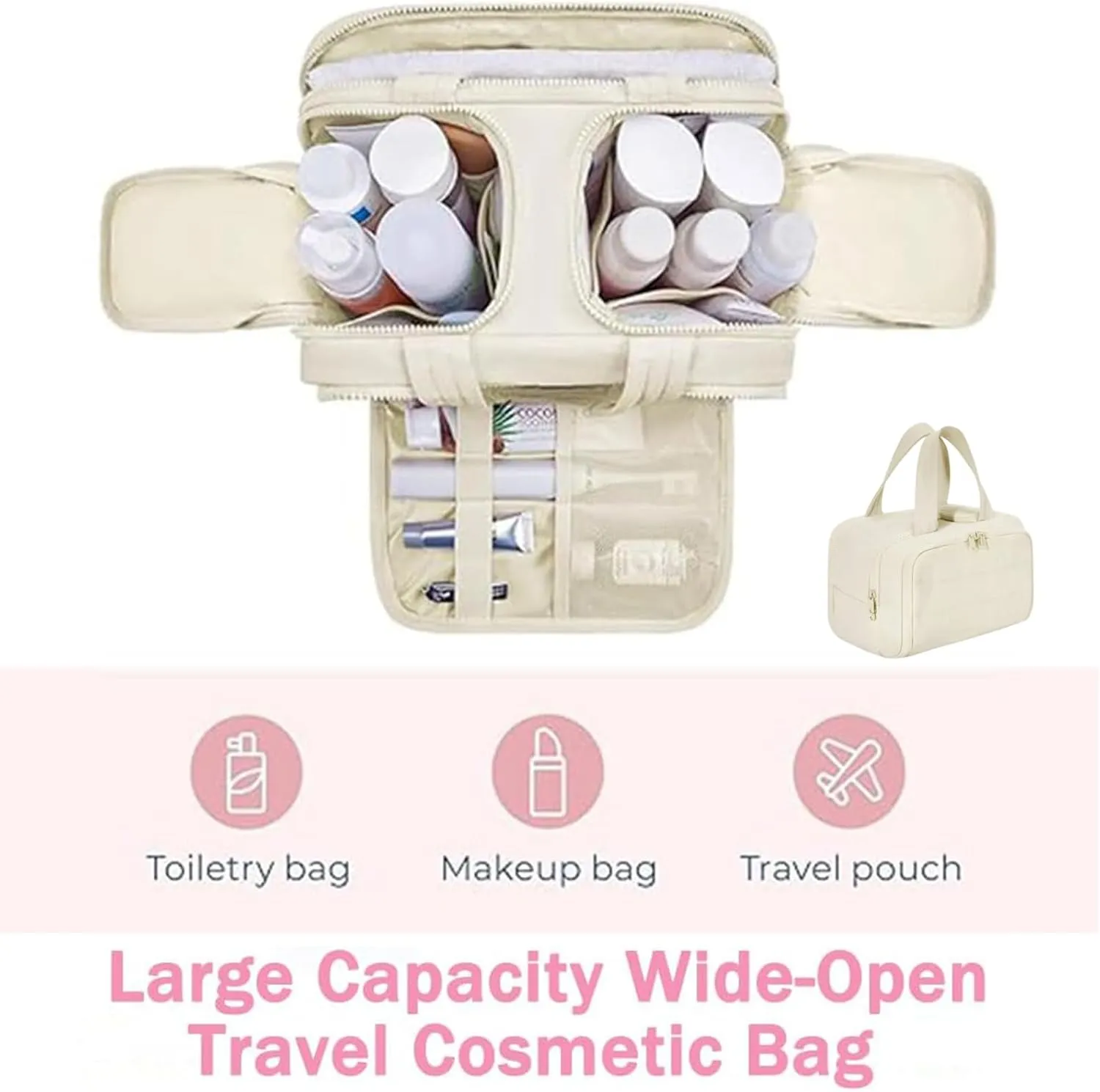 Large Capacity Wide-Open Travel Cosmetic Bag,Cureaway Travel Cosmetic Bag,Make up Bag Organizer,4-in-1puffy Multi-functional Toiletry Bag for Women, Dry-and-Wet Separation (Khaki)