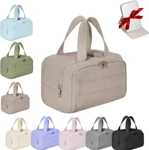 Large Capacity Wide-Open Travel Cosmetic Bag,Cureaway Travel Cosmetic Bag,Make up Bag Organizer,4-in-1puffy Multi-functional Toiletry Bag for Women, Dry-and-Wet Separation (Khaki)