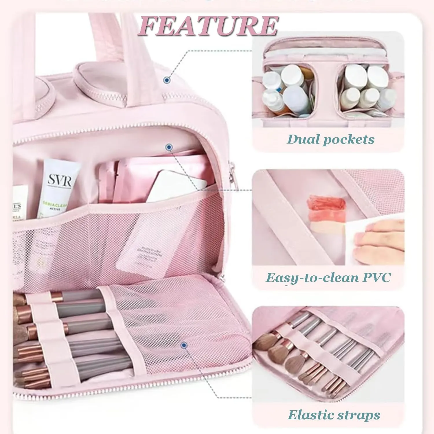 Large Capacity Wide-Open Travel Cosmetic Bag,Cureaway Travel Cosmetic Bag,Make up Bag Organizer,4-in-1puffy Multi-functional Toiletry Bag for Women, Dry-and-Wet Separation (Khaki)