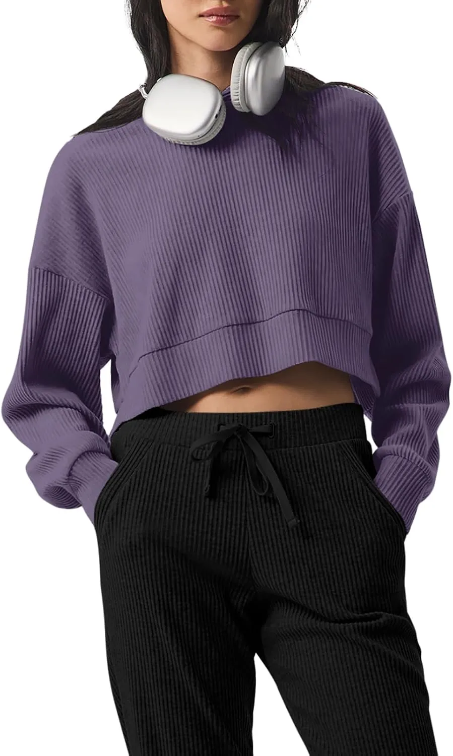 LASLULU Womens Loose Long Sleeve Active Crop Tops Athletic Workout Gym Hoodies Sweatshirt Pullover Tops