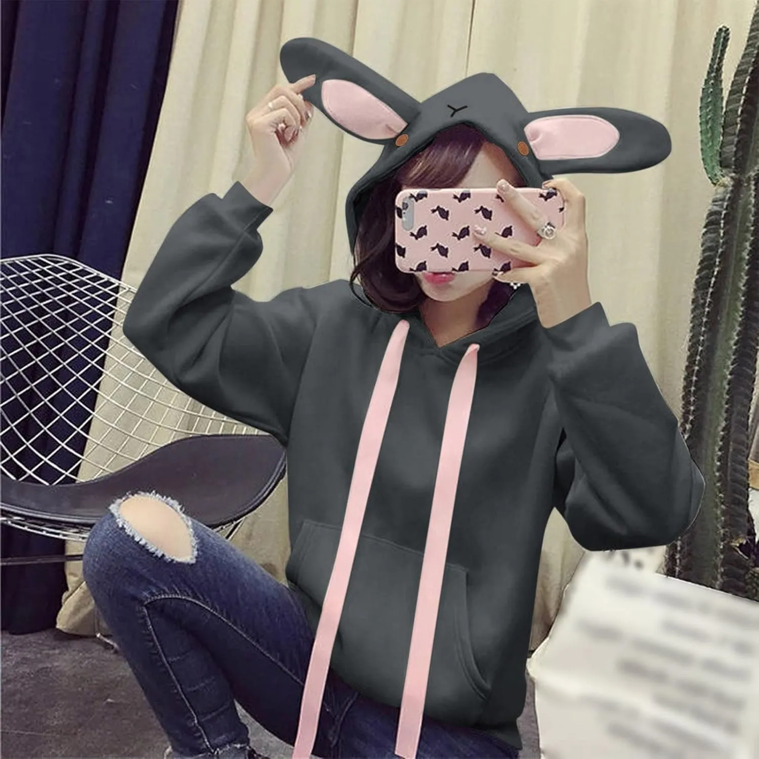 LCMTWX Women Cute Bunny Ear Long Sleeve Rabbit Tops Sweatshirt Hoodie Jacket Coats Oversized Pullover Y2k Clothes