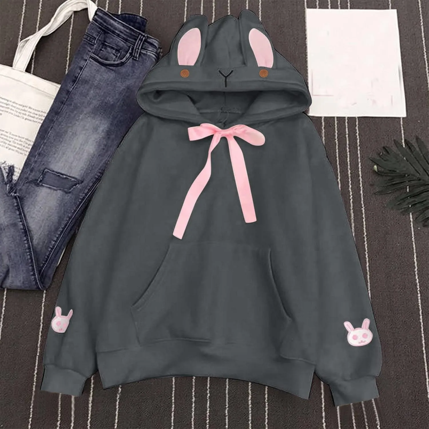 LCMTWX Women Cute Bunny Ear Long Sleeve Rabbit Tops Sweatshirt Hoodie Jacket Coats Oversized Pullover Y2k Clothes